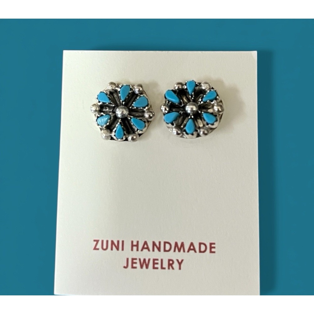 Zuni Handmade‎ Tricia Leekity Sterling Silver Kingman Turquoise Post Earrings